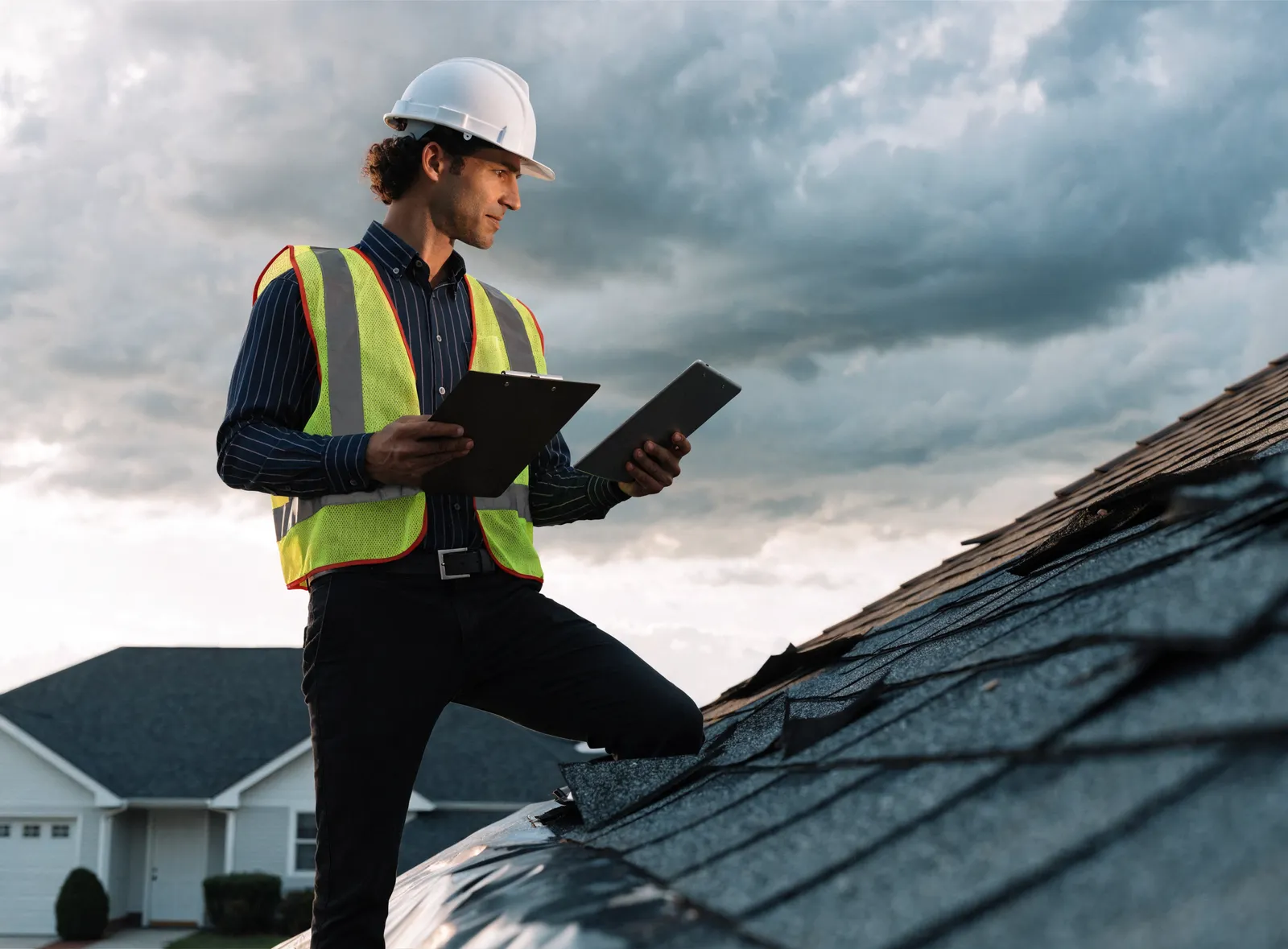A licensed public adjuster inspecting storm and water damage on a residential property roof.